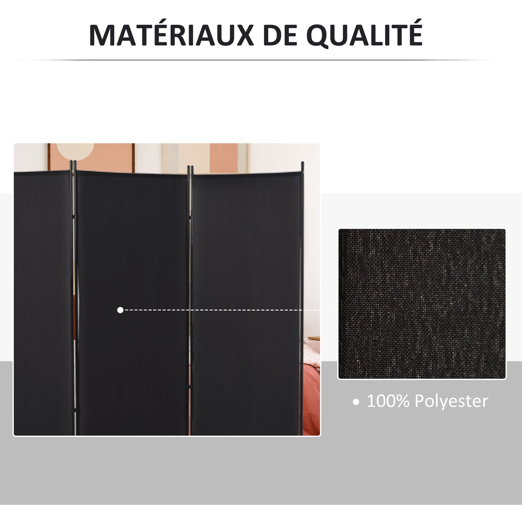 Paravent 3 panneaux dim. 2,53L x 0,5l x 1,82H m Store latéral Brise-Vue paravent sur Pied séparateur métal Polyester