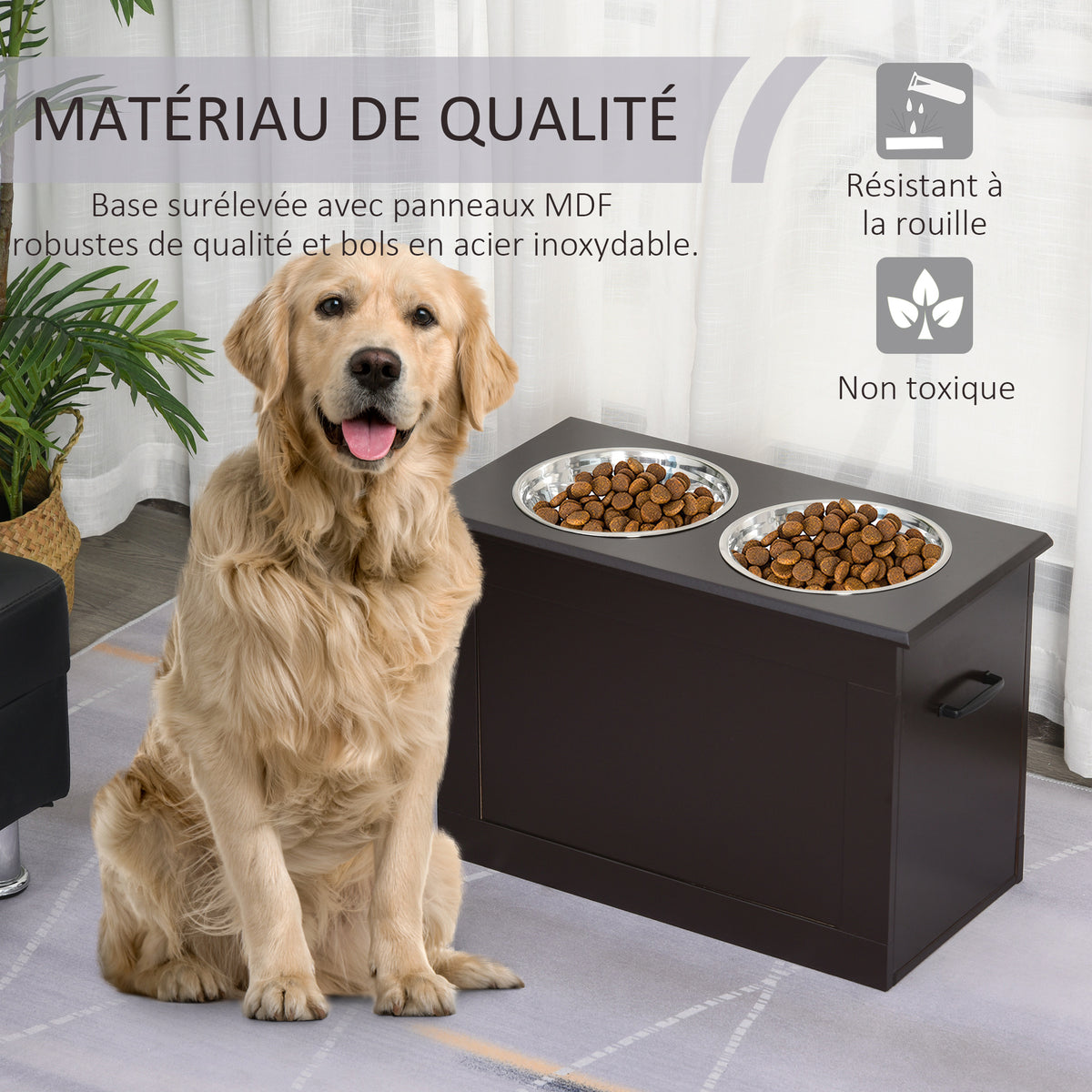 Gamelles chiens surélevées gamelle double chien chat Porte-gamelles surélevé 60L x 30l x 41H cm bois chocolat