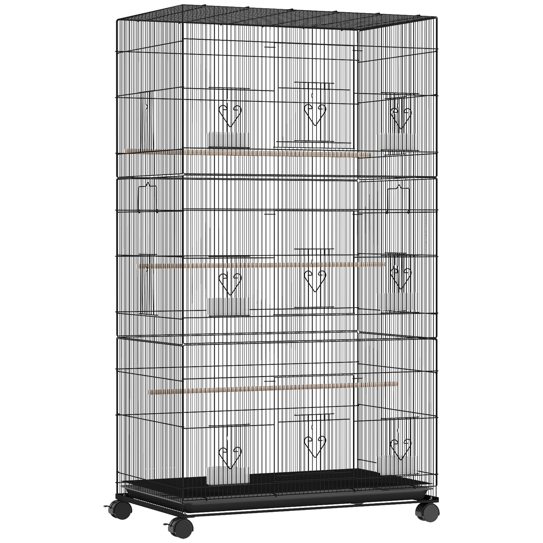 Grande Cage à Oiseaux sur Roulettes en Acier, Plateau Amovible, Portes, Perchoirs, Mangeoires, 77x46,5x141cm, Noir