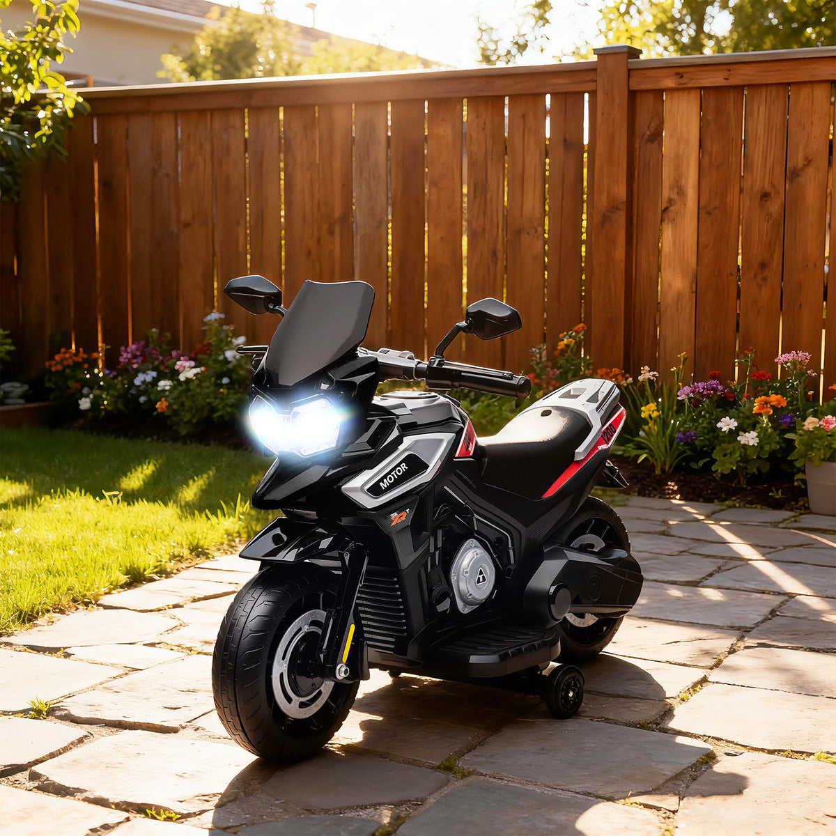 Elektromotorrad für Kinder 6 V, Elektroauto für Kinder mit Stützrädern, Musik, Lichteffekten, schwarz
