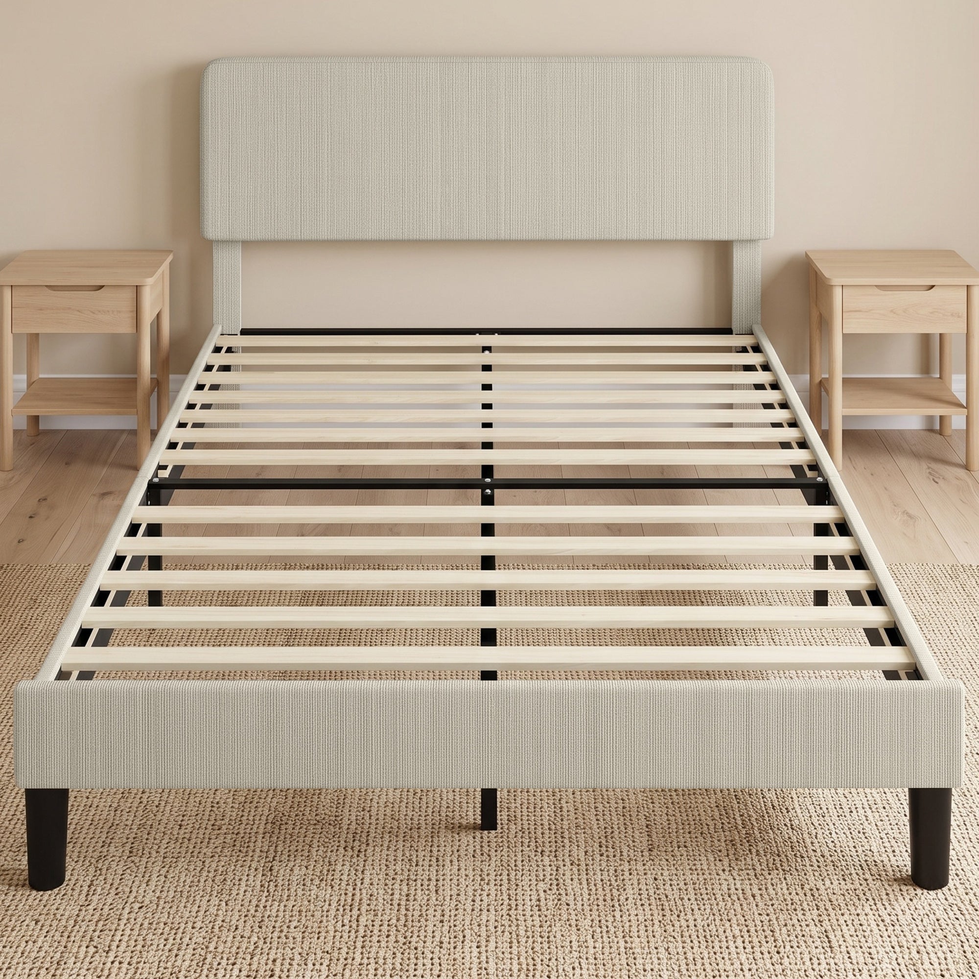 Cadre de Lit 140 x 190 cm avec Sommier, Tête Réglable, Lit Double Rembourré en Velours Côtelé, Sans Bruit, Gris Clair