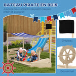 Bac à sable en bois avec jeu de cuisine 6 accessoires coffre rangement gouvernail drapeau 180 x 103 x 144,5 cm naturel