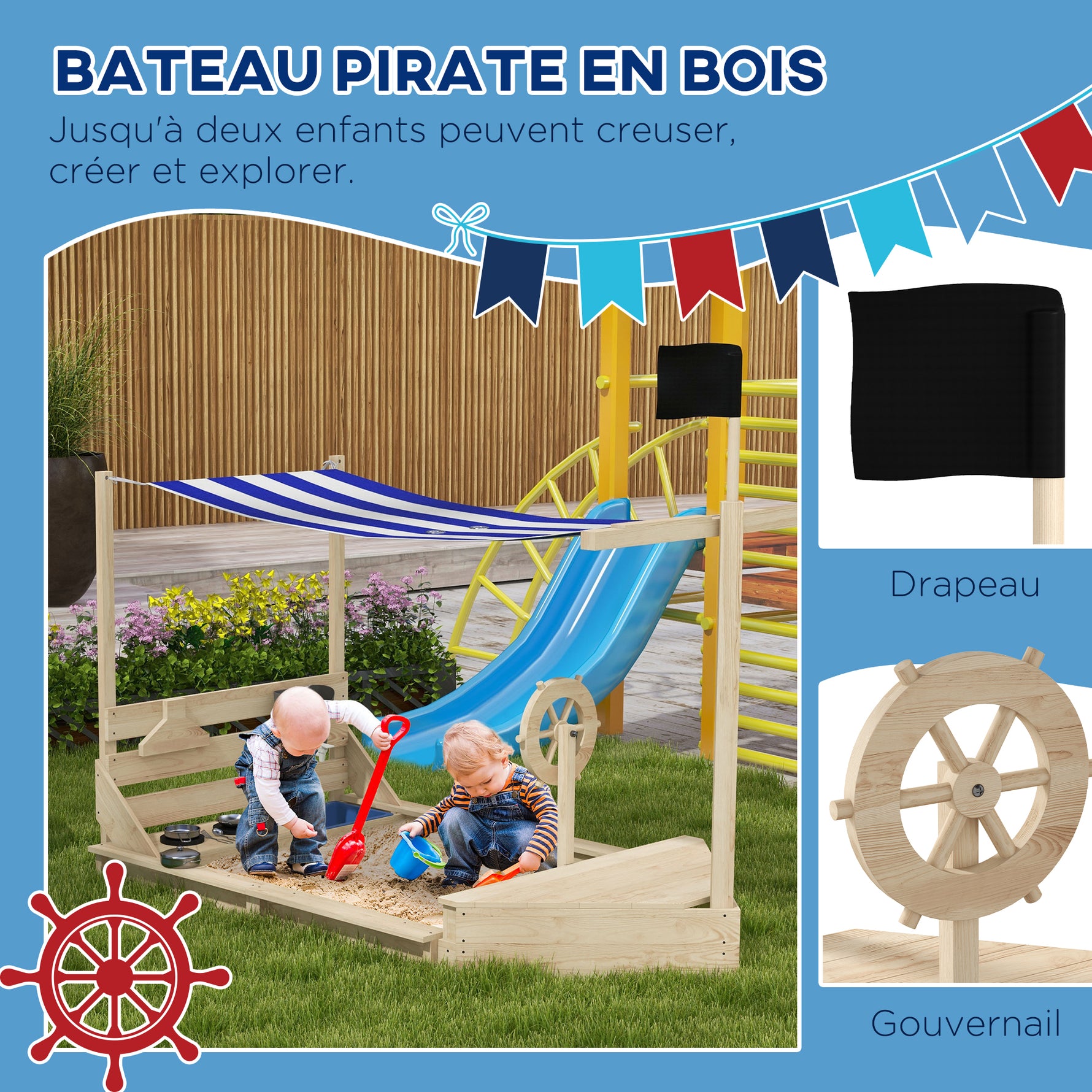 Bac à sable en bois avec jeu de cuisine 6 accessoires coffre rangement gouvernail drapeau 180 x 103 x 144,5 cm naturel