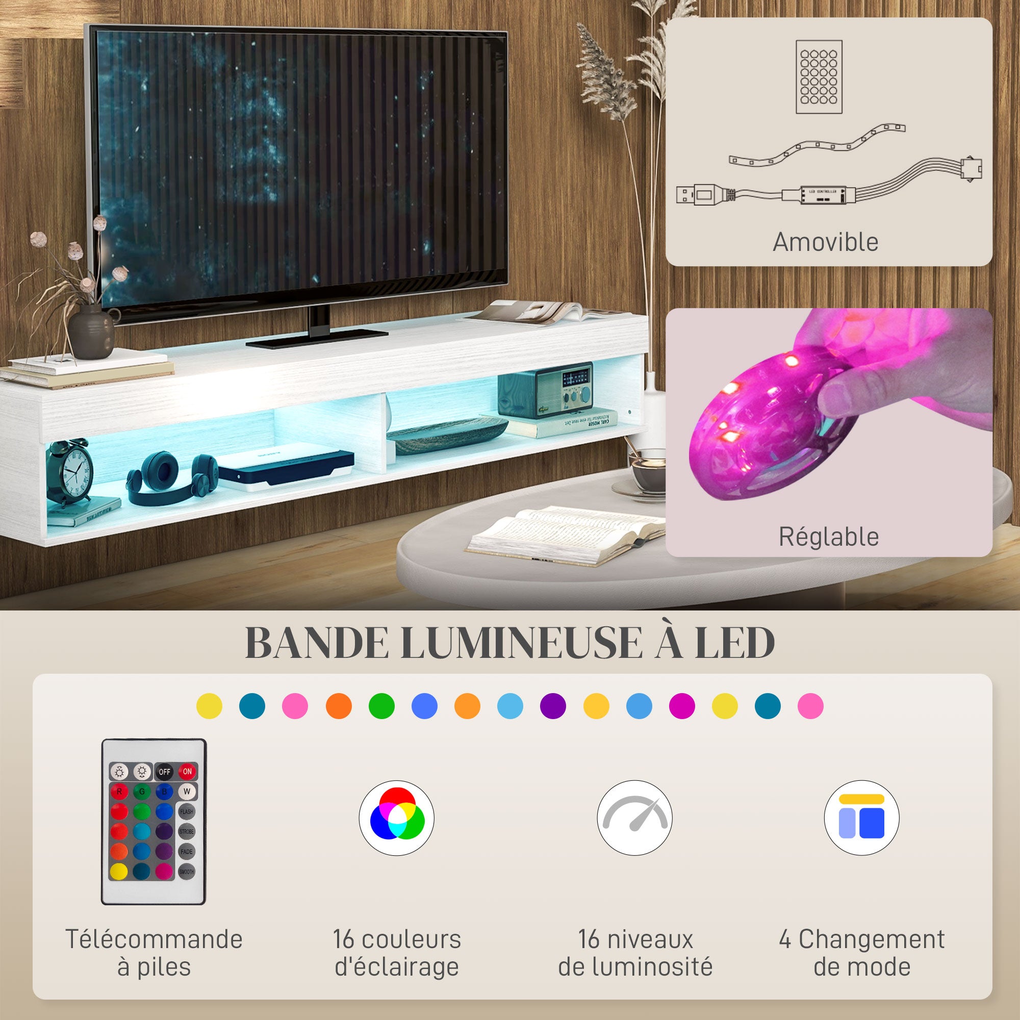 Meuble TV suspendu mural avec éclairage LED pour téléviseurs jusqu'à 75 pouces, étagères, 180L x 40l x 30H cm, blanc