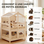 Cage Hamster 3 Étages en Bois avec Bac Amovible, Couvercle Ouvrant, Bascule, Cabane, Fenêtre, 68x61,5x90cm, Naturel