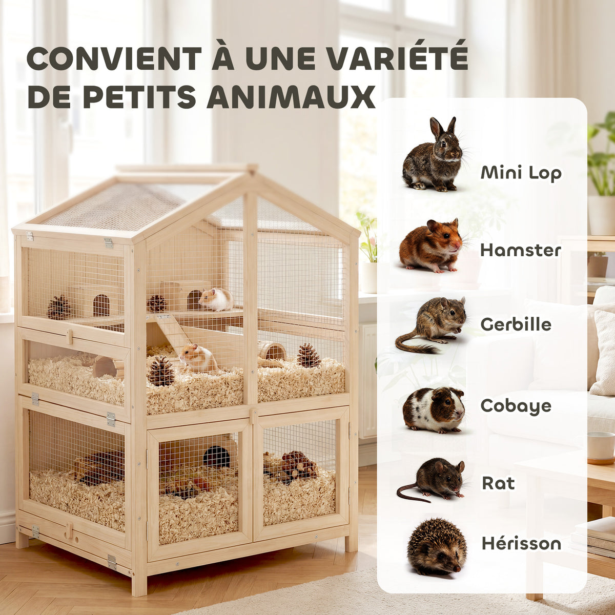 Cage Hamster 3 Étages en Bois avec Bac Amovible, Couvercle Ouvrant, Bascule, Cabane, Fenêtre, 68x61,5x90cm, Naturel