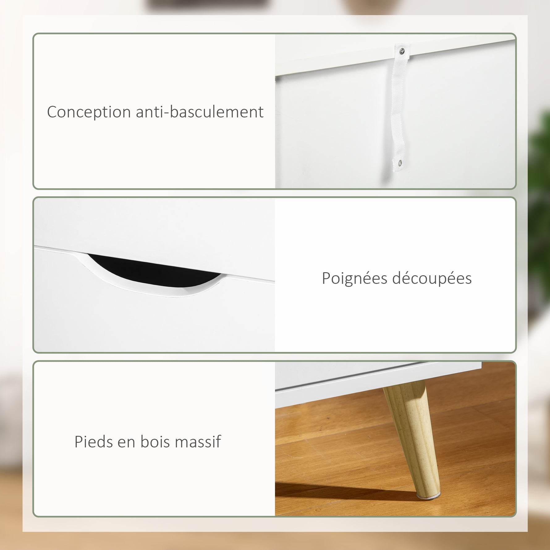 Commode 6 tiroirs meuble de rangement 5 pieds biseautés en bois  120 x 40 x 76 cm blanc