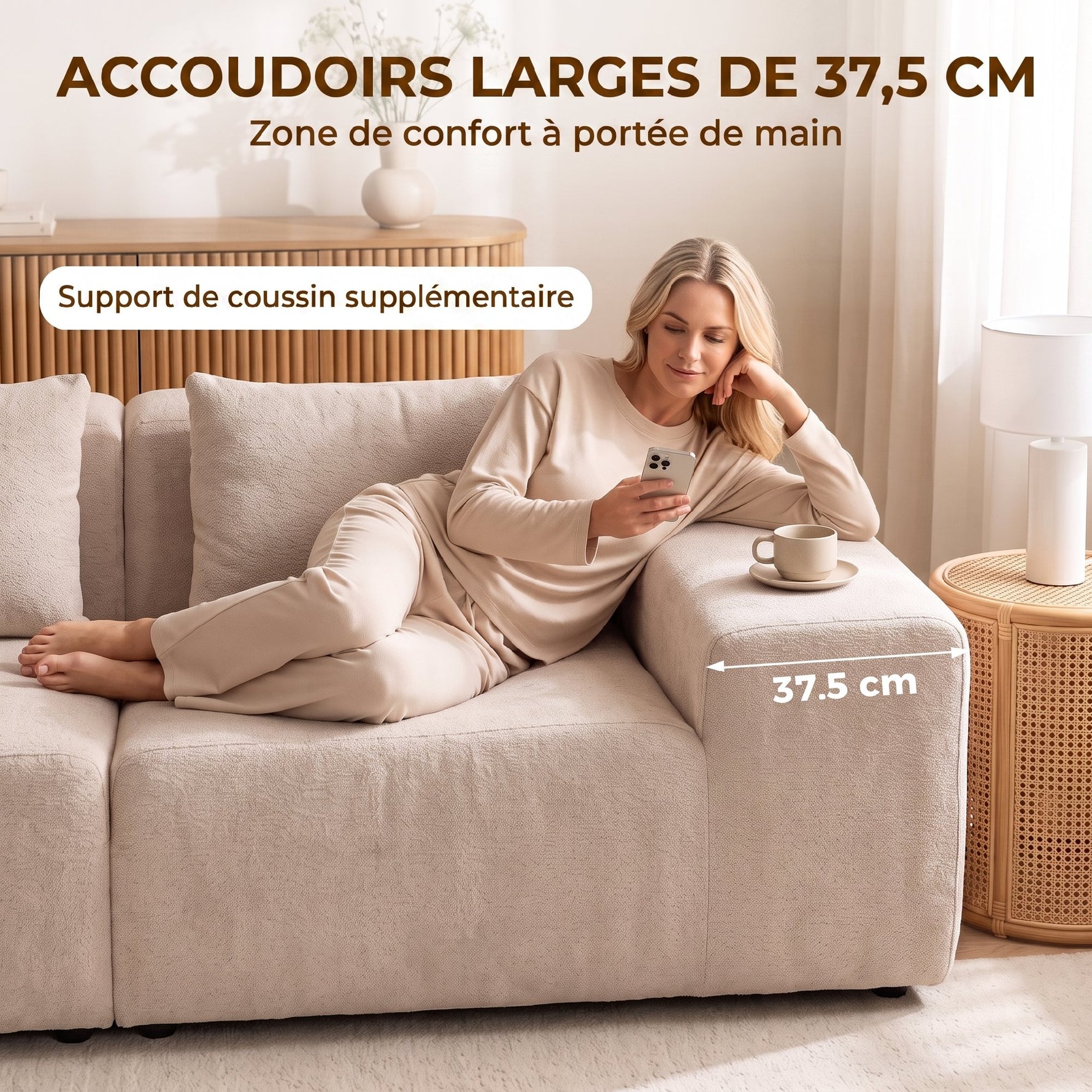 Canapé 3 Places en Chenille 320 cm, Canapé Modulaire, Assise et Accoudoirs Extra-Larges, Entièrement Compressé, Beige