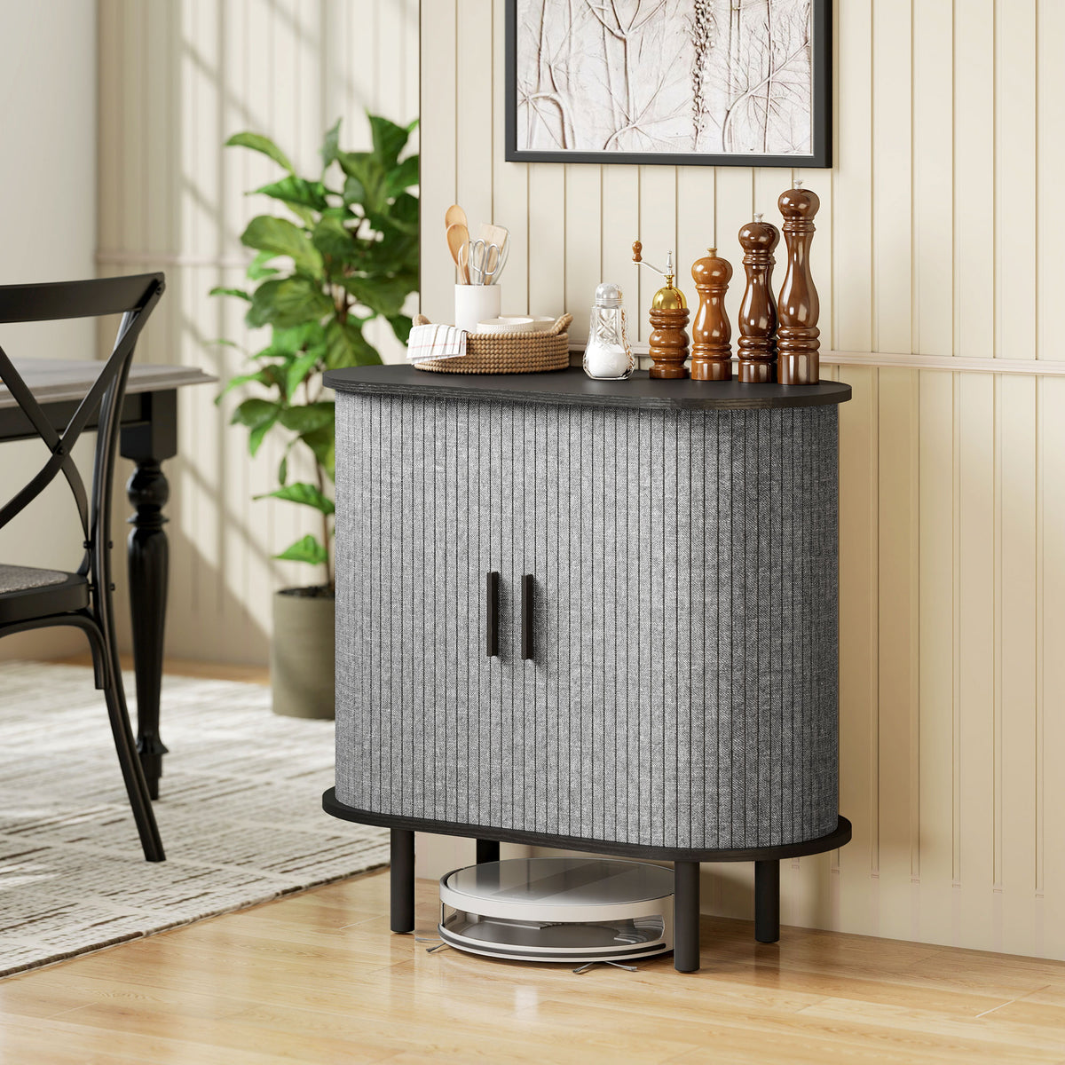 Dressoir voor de woonkamer, ovaal opbergmeubel met 2 schuifdeuren en 2 compartimenten, 80 x 40 x 78 cm, grijs