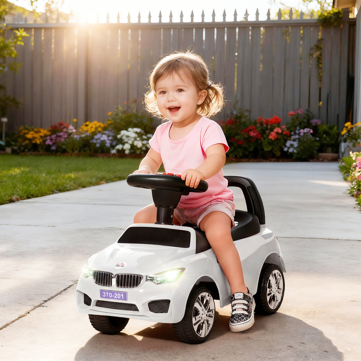 Porteur enfants voiture, véhicule à pousser avec coffre à jouets, klaxon, phares et musique, 63,5 x 28 x 36 cm, blanc