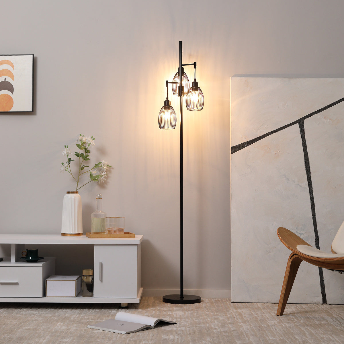 Lampadaire style industriel 40 W max. 3 abat-jours en métal filaire luminosité réglable - ampoule E27 - noir