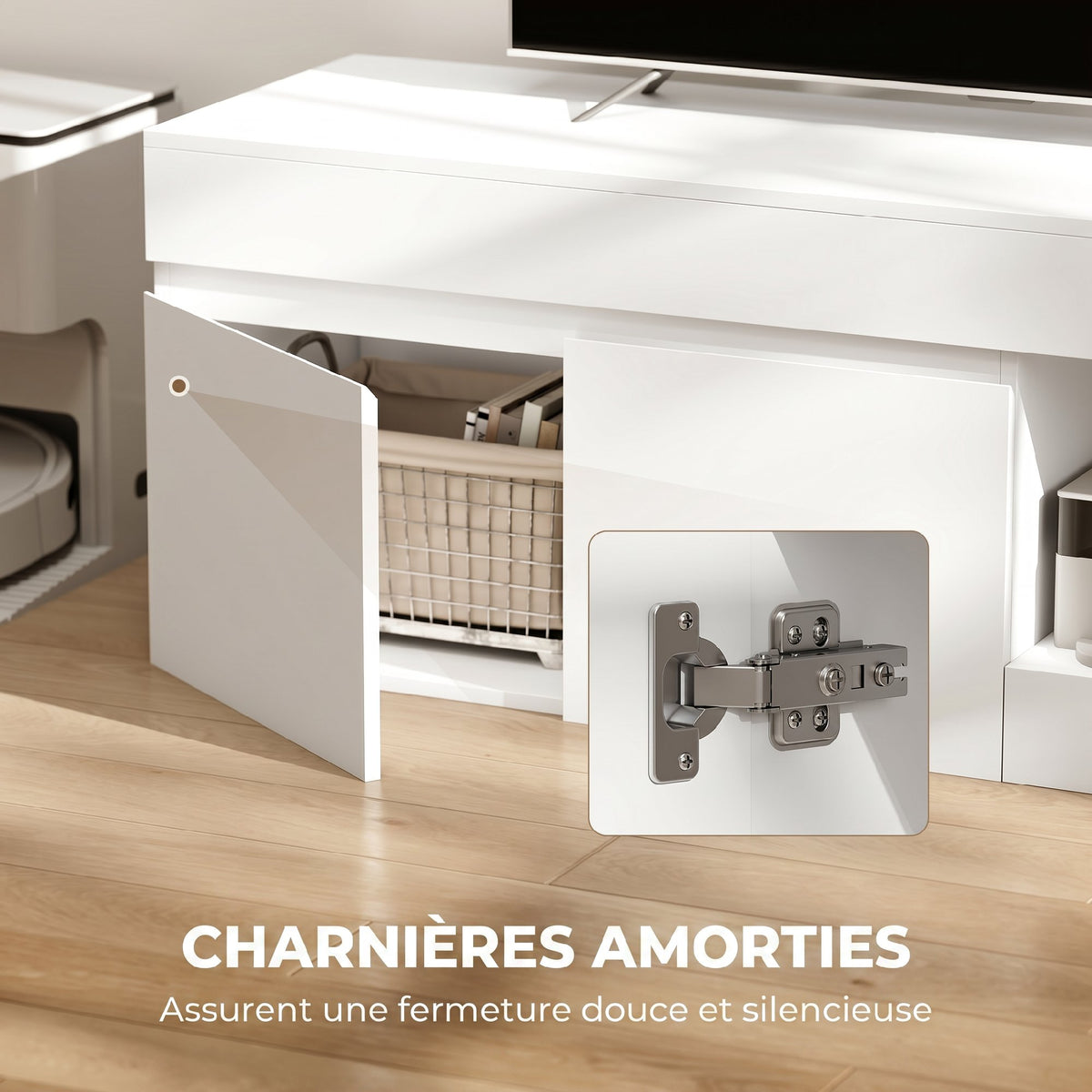 Meuble TV 2 portes pour téléviseurs jusqu'à 60 pouces, meuble télé avec placard et étagère ouverte, blanc