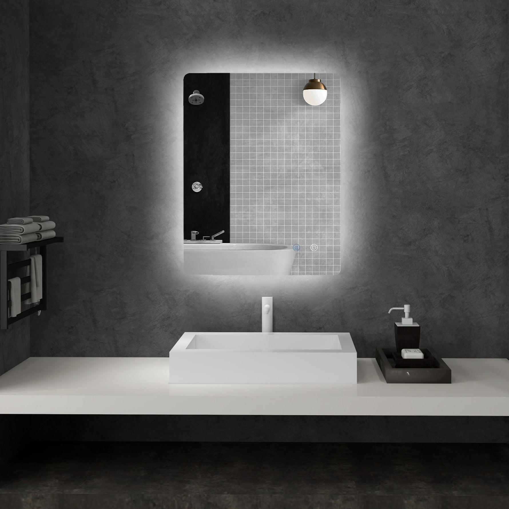 Miroir rectangulaire mural lumineux LED de salle de bain 80 x 60 cm luminosité réglable blanc transparent