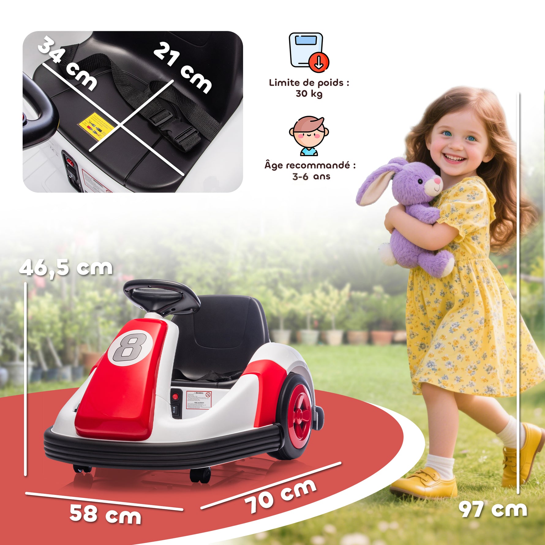 Auto-tamponneuse enfant 6V, rotation à 360°, voiture tamponneuse électrique enfant avec double moteur, musique et klaxon
