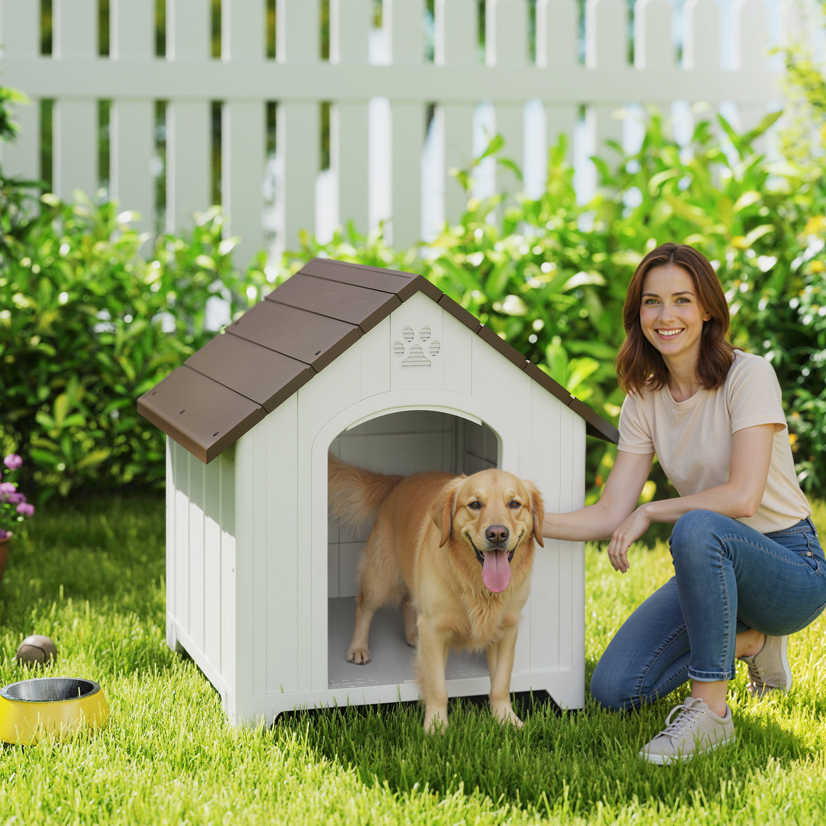 Caseta para perro de exterior, casa para perro de polipropileno impermeable ventilada con suelo elevado 88x79x89cm gris claro
