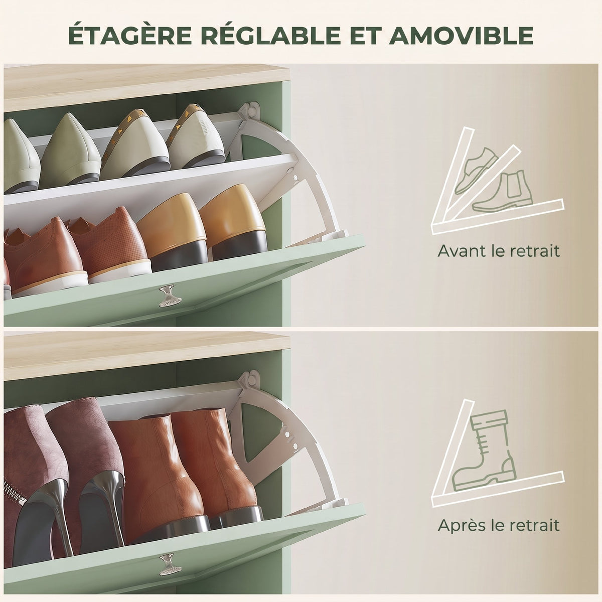Meuble à Chaussures Style Moderne, 3 Portes Abattantes, 18 Paires de Chaussures, 60 x 23,5 x 115 cm, Vert
