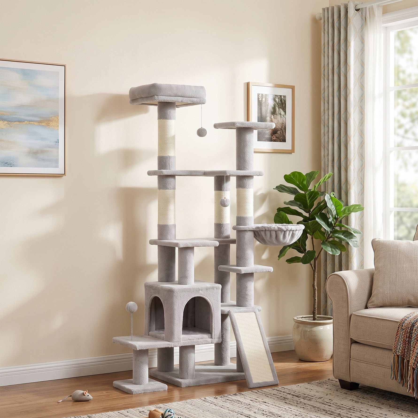 Arbre à Chat 5 niveaux 152cm, Niche, Hamac, Plateforme, Poteaux à Griffer, Balles Suspendues, Gris Clair