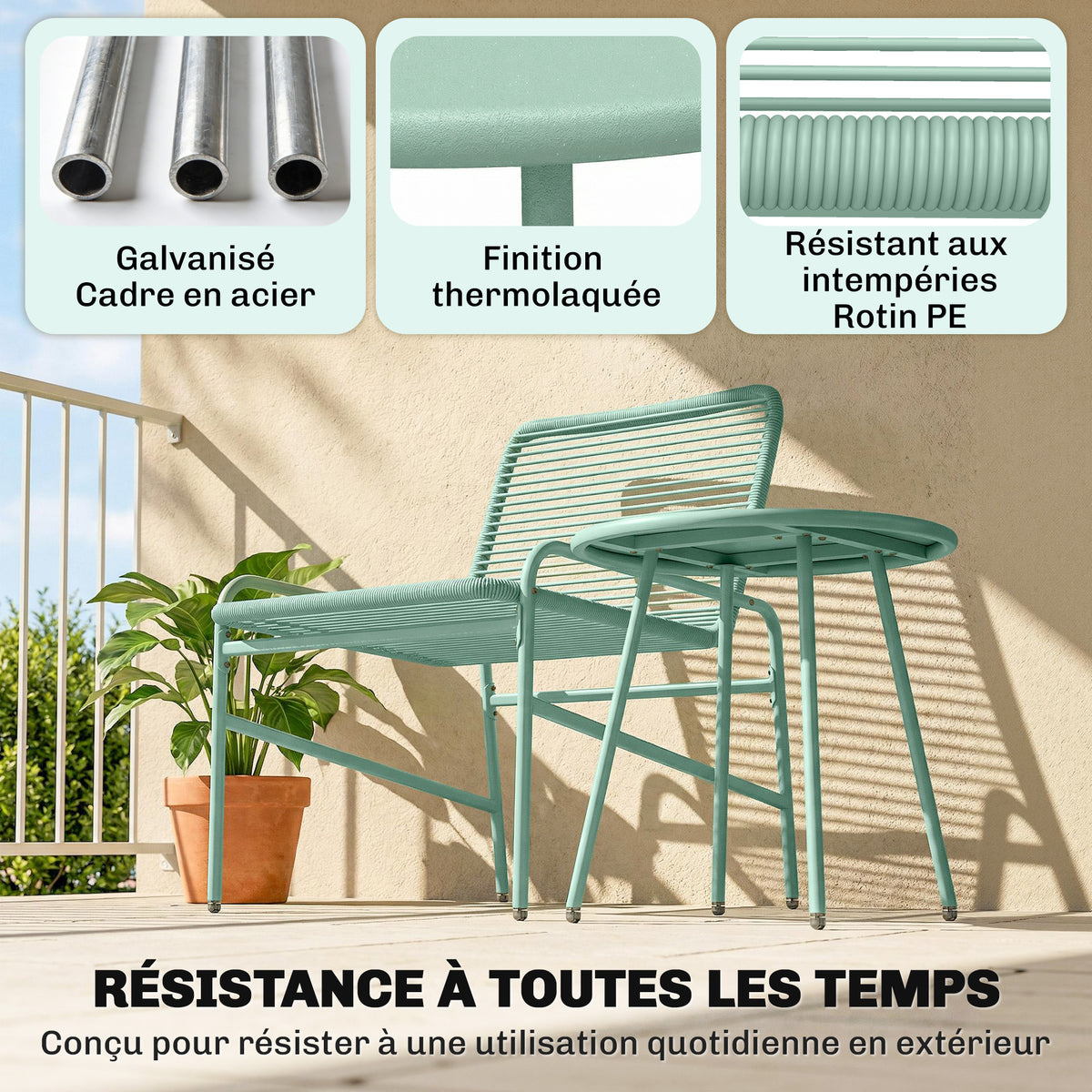 Salon de Jardin Extérieur 3 Pièces en Résine Tressée et Acier, Table de Jardin Ronde avec 2 Chaises, 58x67x75cm, Vert
