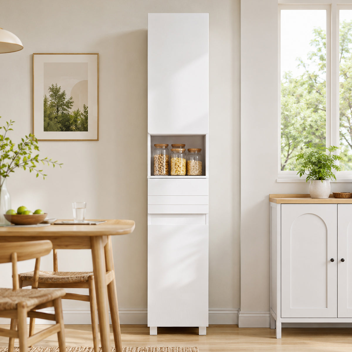 Badezimmerschrank, 2 Türen, Schublade, offenes Fach, verstellbare Einlegeböden, für Wohnzimmer, Schlafzimmer, 30x30x170cm, Weiß