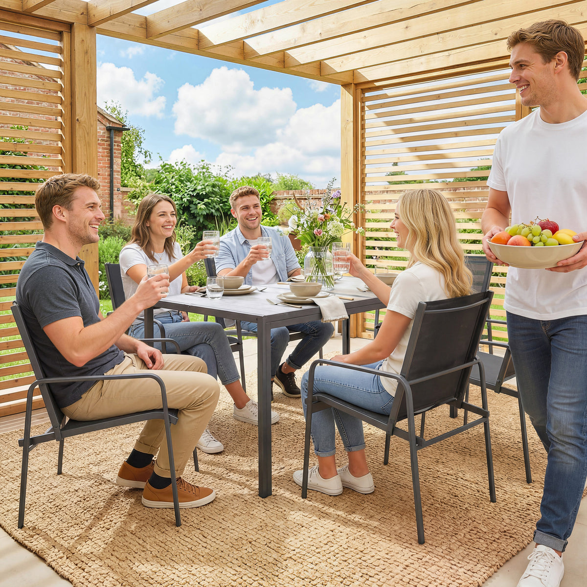 Salon de Jardin Extérieur pour 6 Personnes, Table de Patio Effet Bois et Chaises avec Assise en Maille Respirante, Cadre en Acier Galvanisé, Noir
