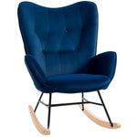 Fauteuil à Bascule, Rocking Chair, fauteuil allaitement confortable avec Structure en bois massif et métal pour Salon, Chambre, Balcon, Velours Bleu