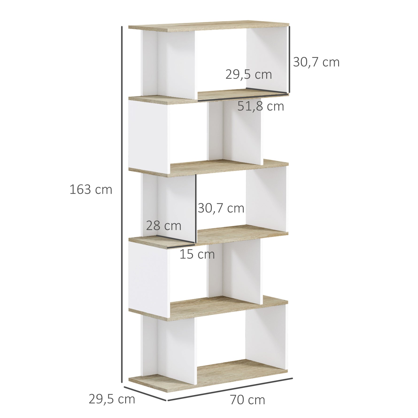 Bibliothèque style scandinave meuble de rangement 5 étagères anti-basculement Charge 25 kg aspect bois & Blanc