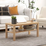 Tavolino da salotto, tavolino d'appoggio rettangolare a 2 livelli con ripiano portaoggetti, 90x45x44,5 cm, legno naturale