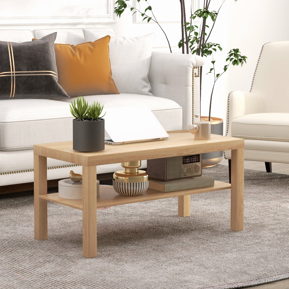 Tavolino da salotto, tavolino d'appoggio rettangolare a 2 livelli con ripiano portaoggetti, 90x45x44,5 cm, legno naturale