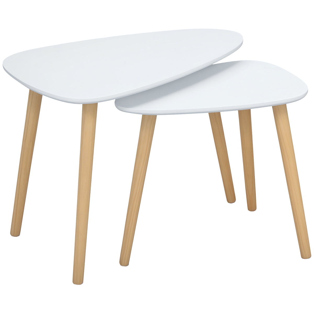 Juego de 2 mesas nido de diseño escandinavo con patas de madera y tablero de madera, blanco
