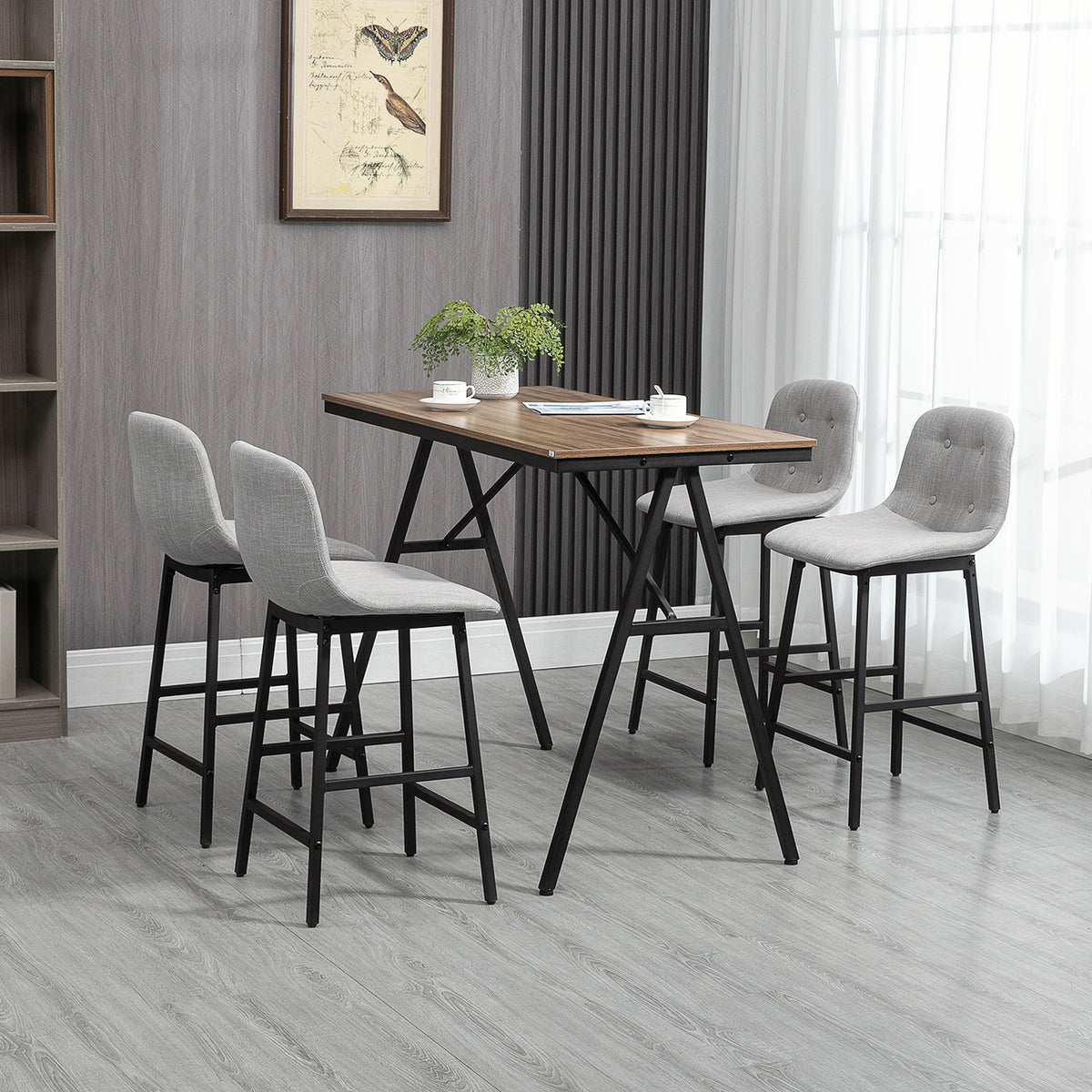 Bartafelset met krukken, statafel voor eetkamer met 4 gestoffeerde stoelen, stalen poten, 120x60x91 cm, grijs