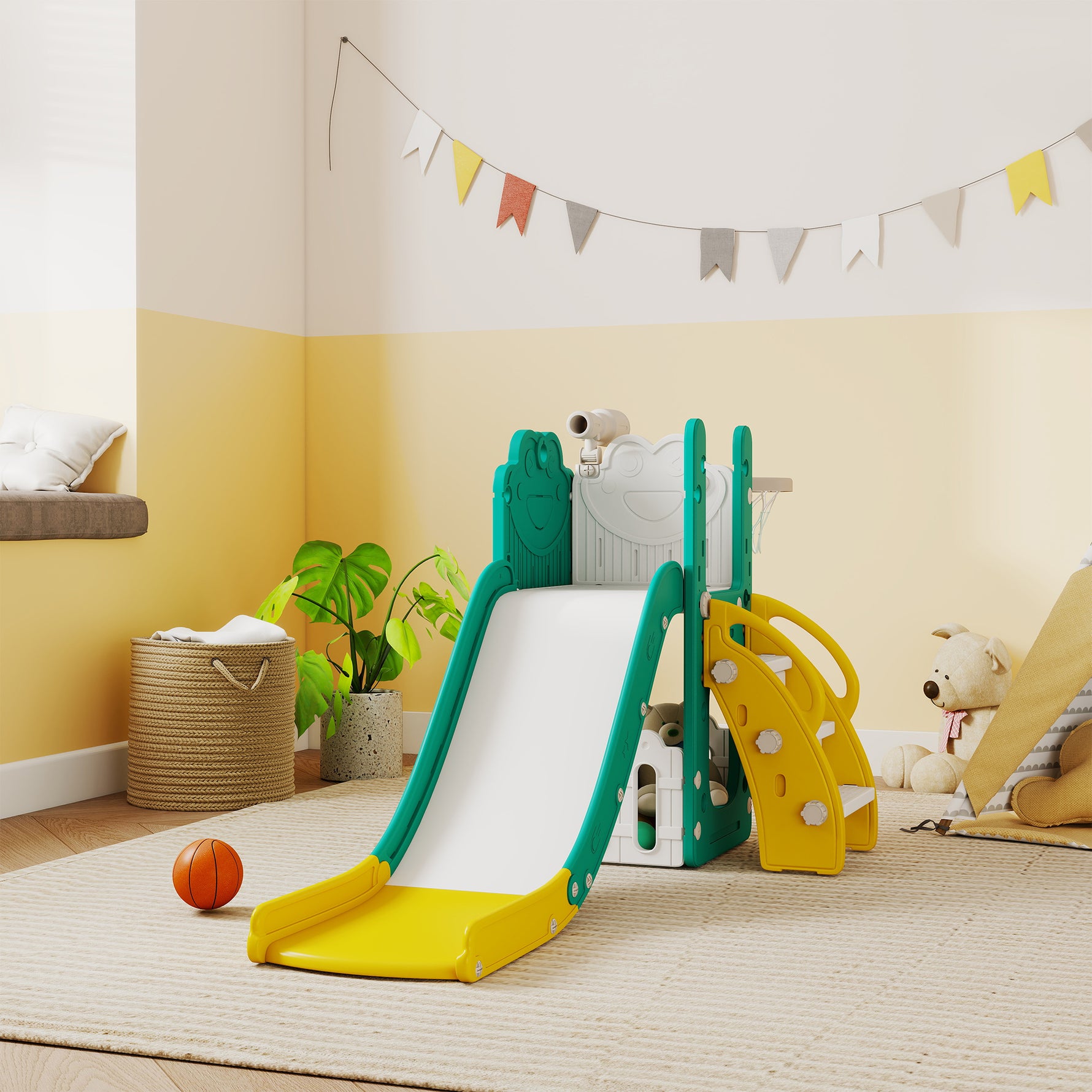 Toboggan pour tout-petits 5 en 1 toboggan autoportant pour enfant avec panier de basket, télescope, 178x70x86cm, jaune