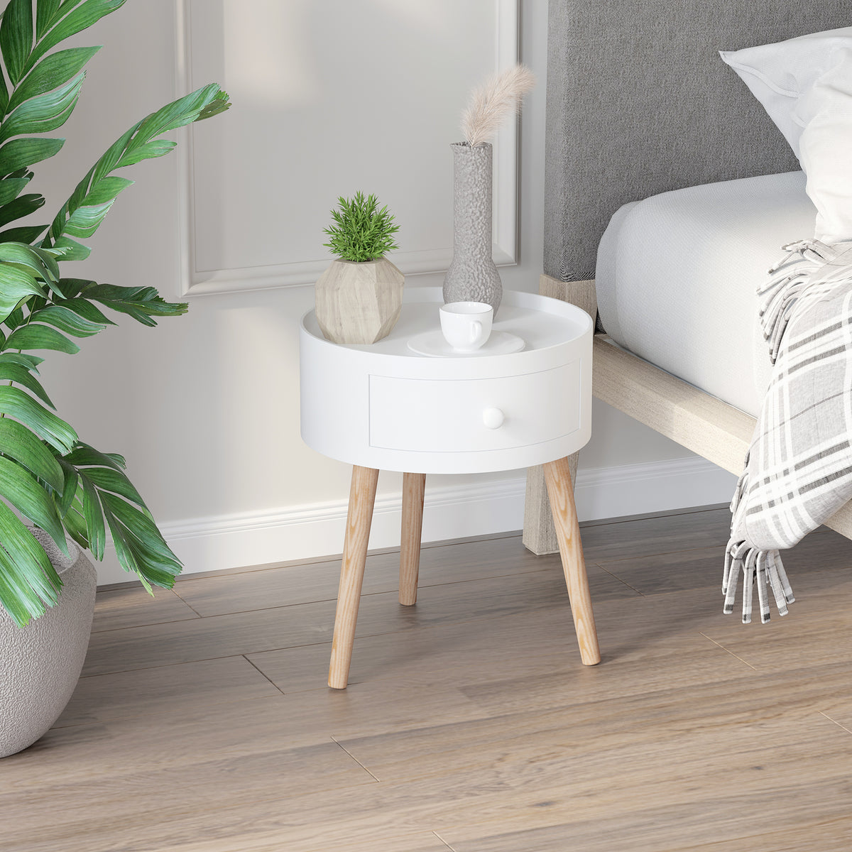 Table basse - table de chevet - table de nuit ronde - design scandinave table d'appoint bout de canapé avec tiroir pieds effilés inclinés bois massif chêne clair blanc
