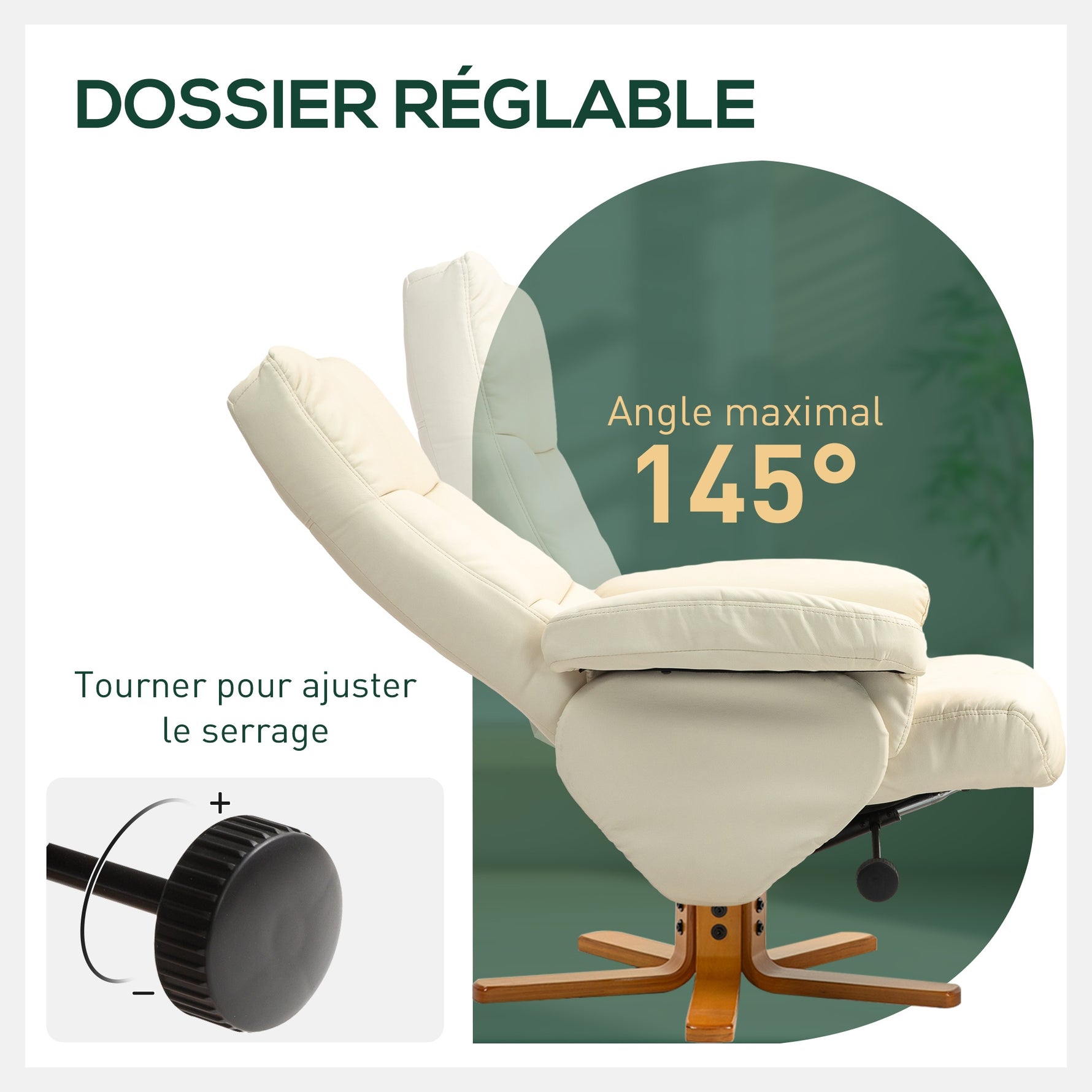 Fauteuil relax avec repose-pied, fauteuil de relaxation, pivotant à 360°, dossier inclinable, 80 x 86 x 99 cm, crème