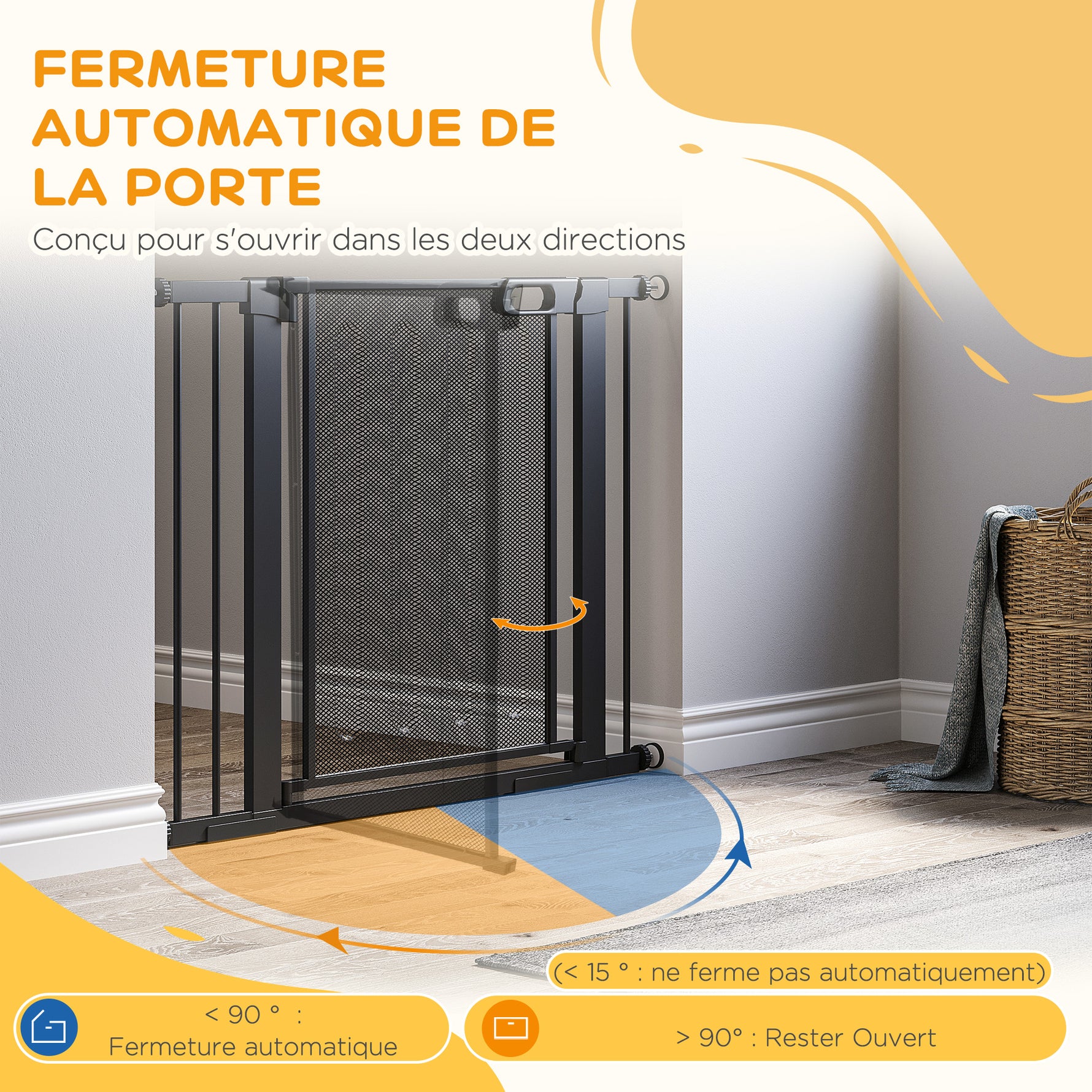 Barrière de sécurité pour animaux domestique avec fermeture automatique double verrouillage largeur 75-103 cm noir