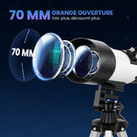 Télescope Astronomique pour Adultes et Débutants 70 mm, 2 Oculaire 40X/16X, Trépied Réglable, 80 x 80 x 135 cm, Blanc