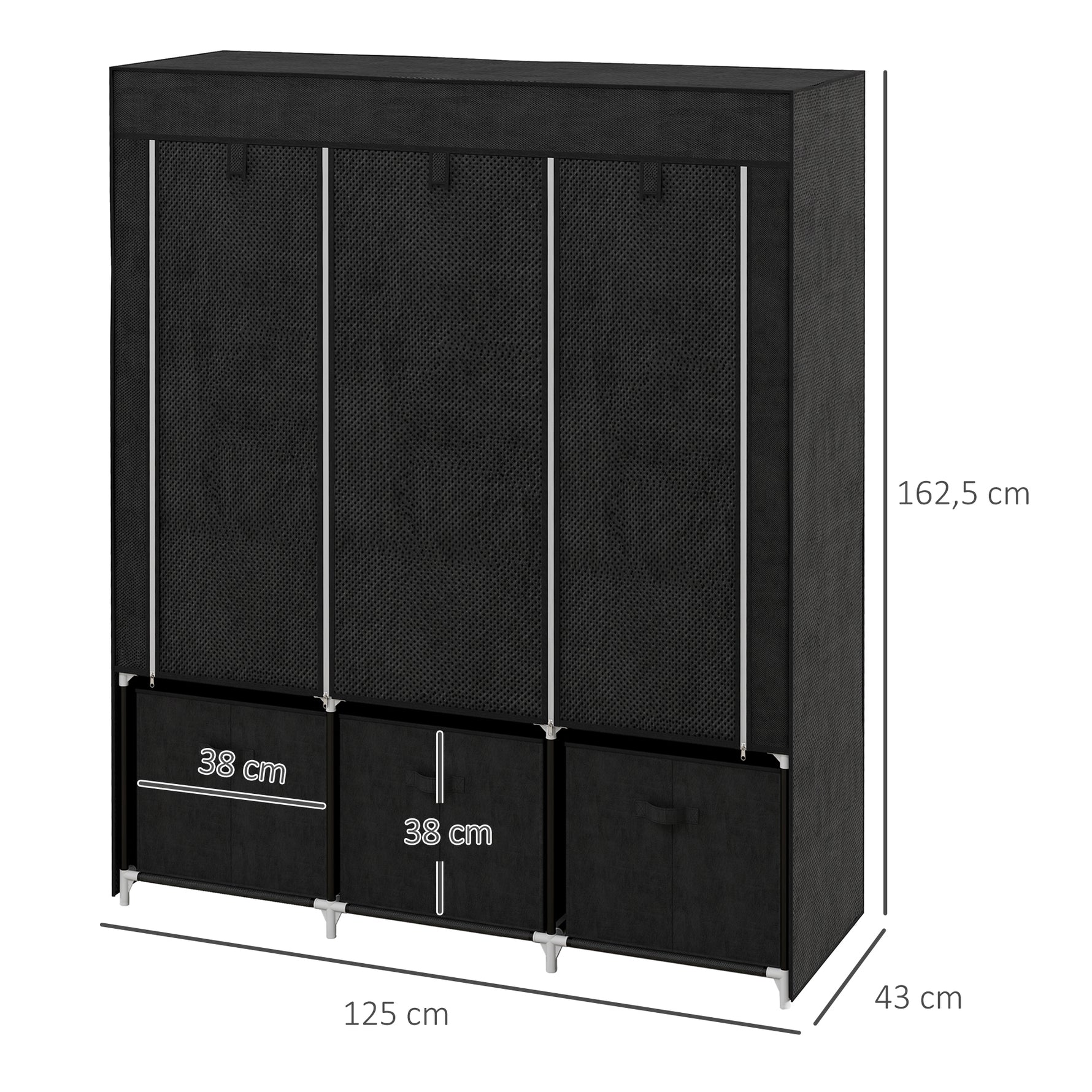 Armoire de rangement en tissu pliable avec 5 étagères, 2 tringles et 3 tiroirs en tissu 125L x 43l x 162.5H cm