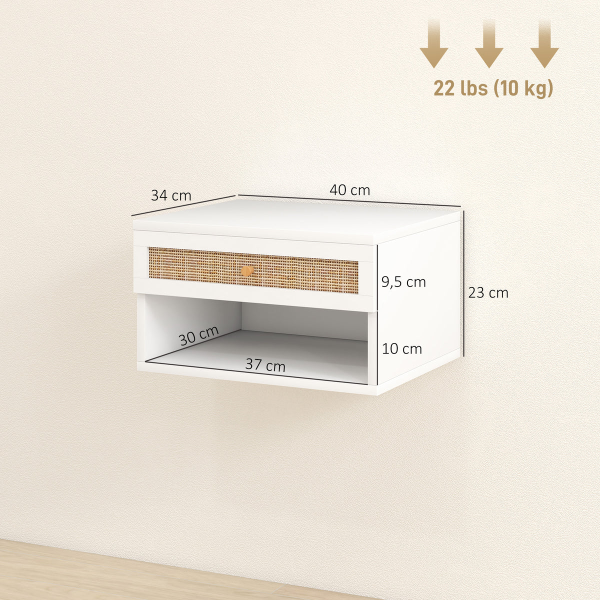 Lot de 2 tables de chevet murales tiroir coulissant, niche, plateau - en bois dim. 40L x 34l x 23H cm
