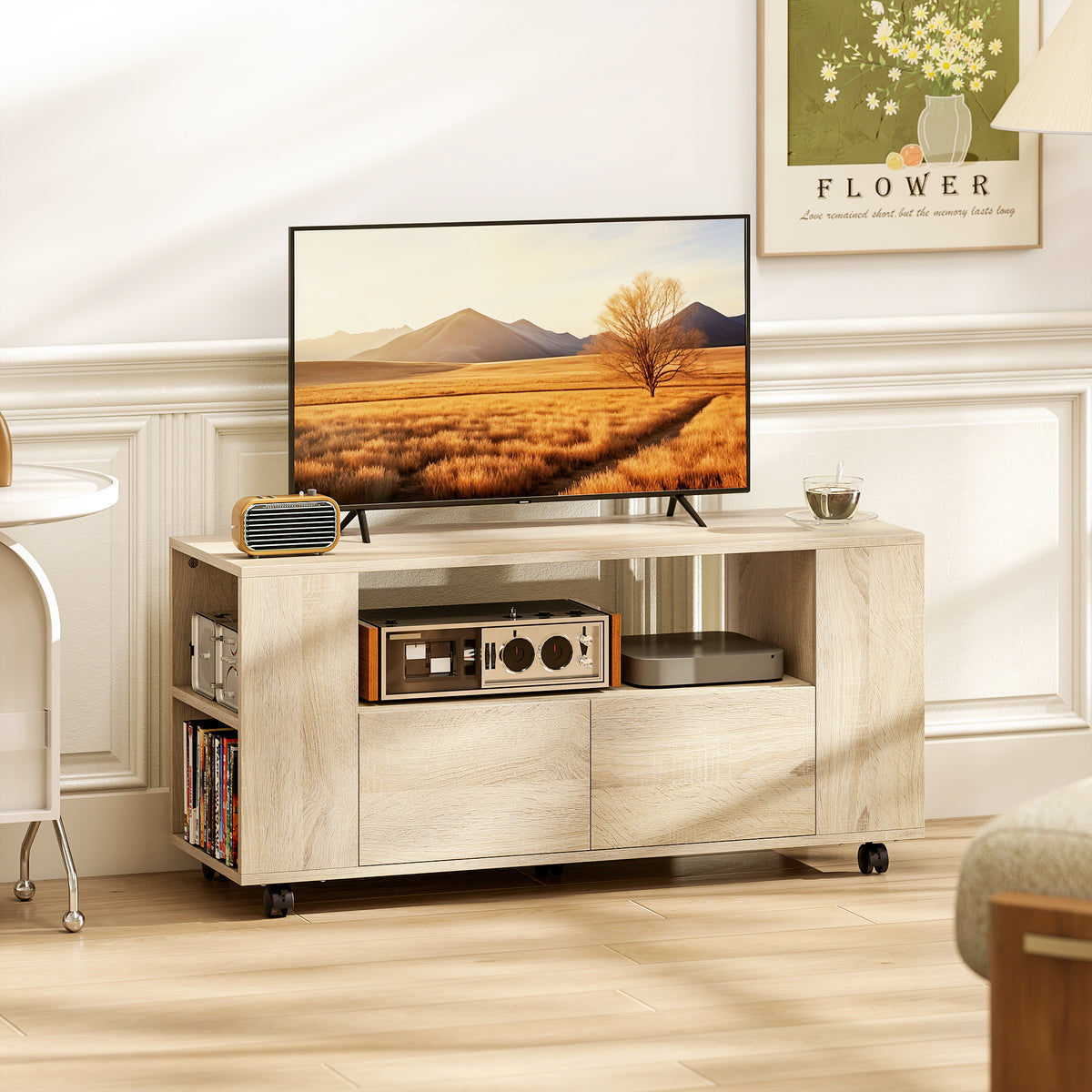 Meuble TV sur roulettes 102 cm, meuble télé pour téléviseur jusqu'à 42 pouces, 2 tiroirs, compartiments ouverts, naturel