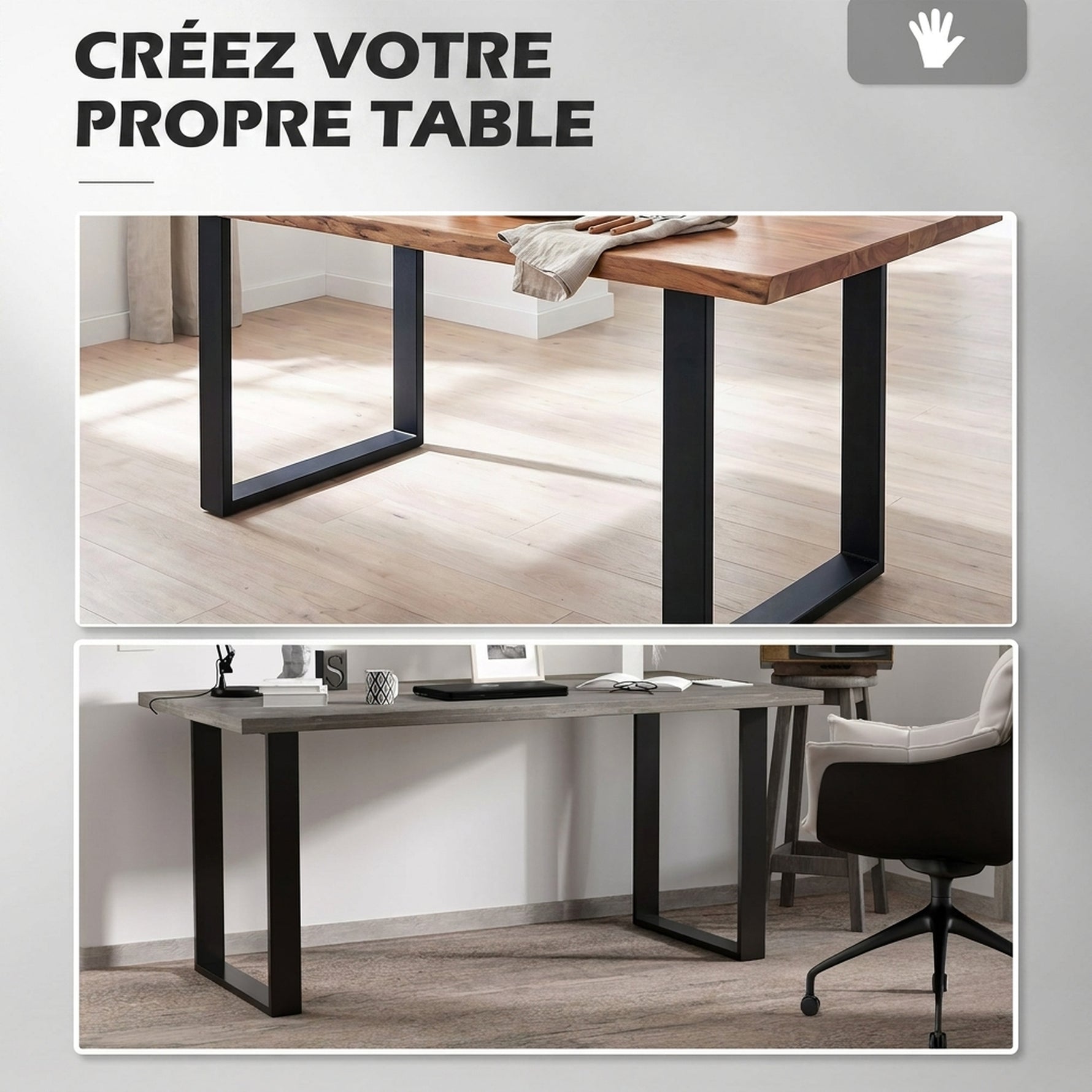 Lot de 2 pieds rectangulaires en acier noir pour table - hauteur 72 cm - design contemporain