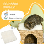 Niche pour chat 2 niveaux avec 2 coussins en jacinthe d'eau - 37,5 x 37,5 x 41,5 cm marron crème