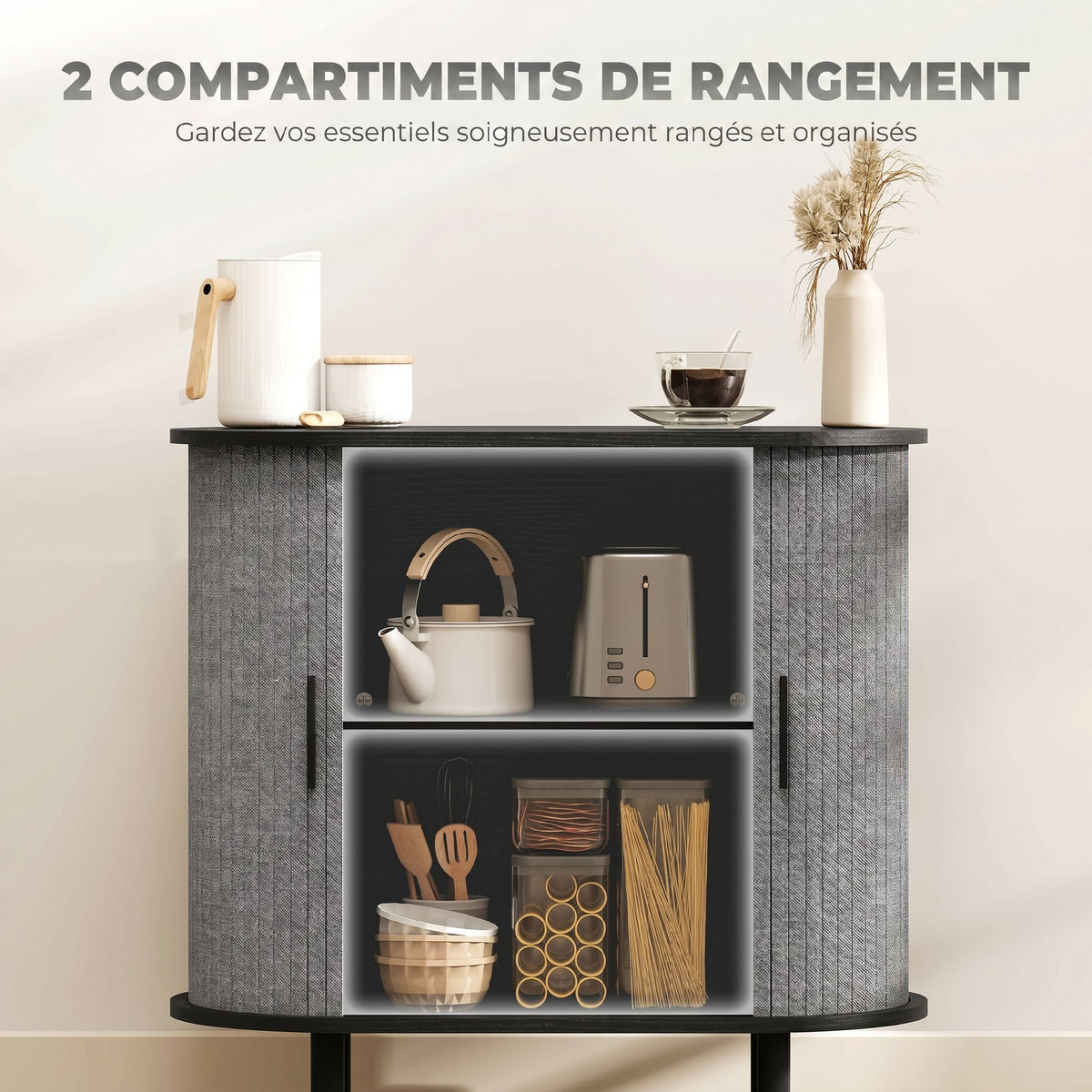 Dressoir voor de woonkamer, ovaal opbergmeubel met 2 schuifdeuren en 2 compartimenten, 80 x 40 x 78 cm, grijs