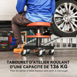 Tabouret d'atelier à roulettes, tabouret de mécanicien avec hauteur réglable 40-51 cm, 2 étagères 38x38x51cm, jaune
