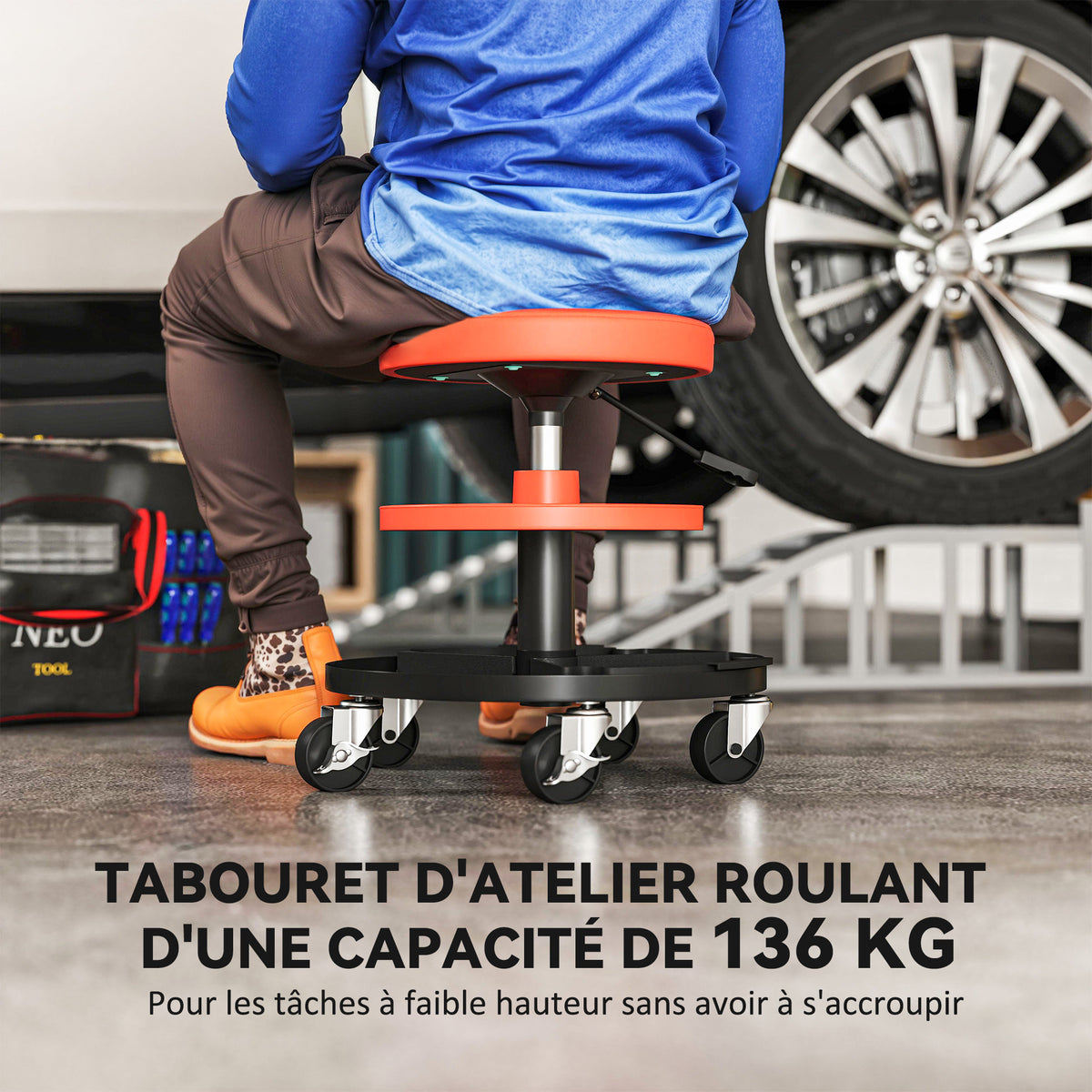 Tabouret d'atelier à roulettes, tabouret de mécanicien avec hauteur réglable 40-51 cm, 2 étagères 38x38x51cm, jaune