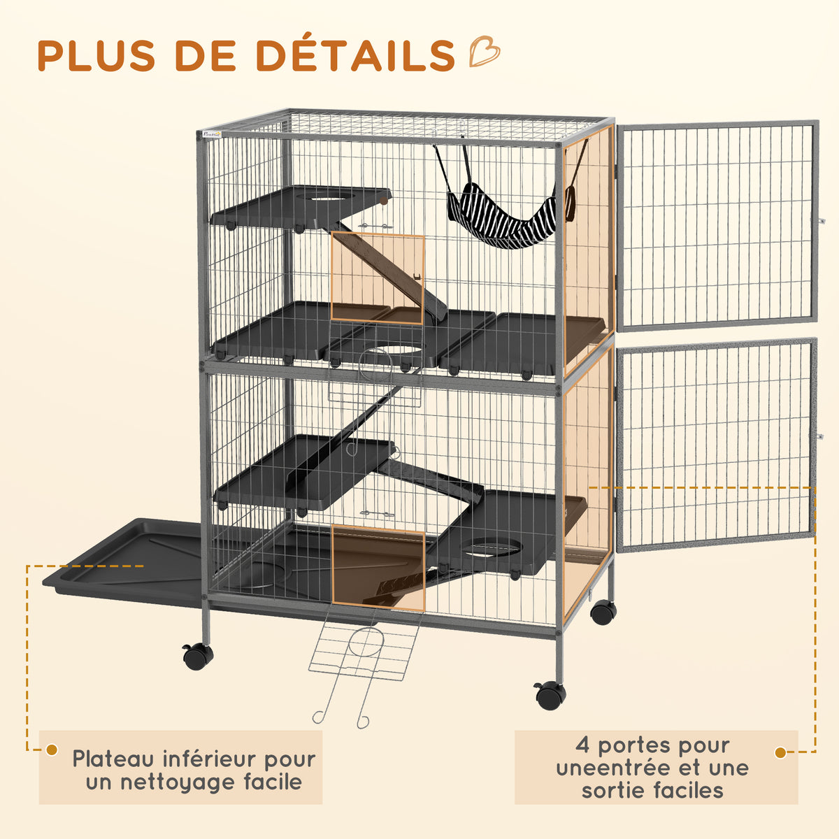 Cage pour rongeurs Multifonction 4 Plateformes 3 rampes 4 Portes dim. 80L x 52l x 128H cm acier Gris argenté Noir