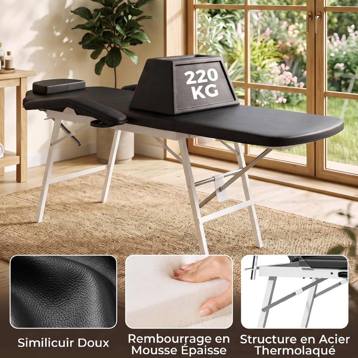 Table de massage pliante, lit de massage 3 zones portable 182 x 62 cm avec appuie-tête et accoudoirs amovibles, noir