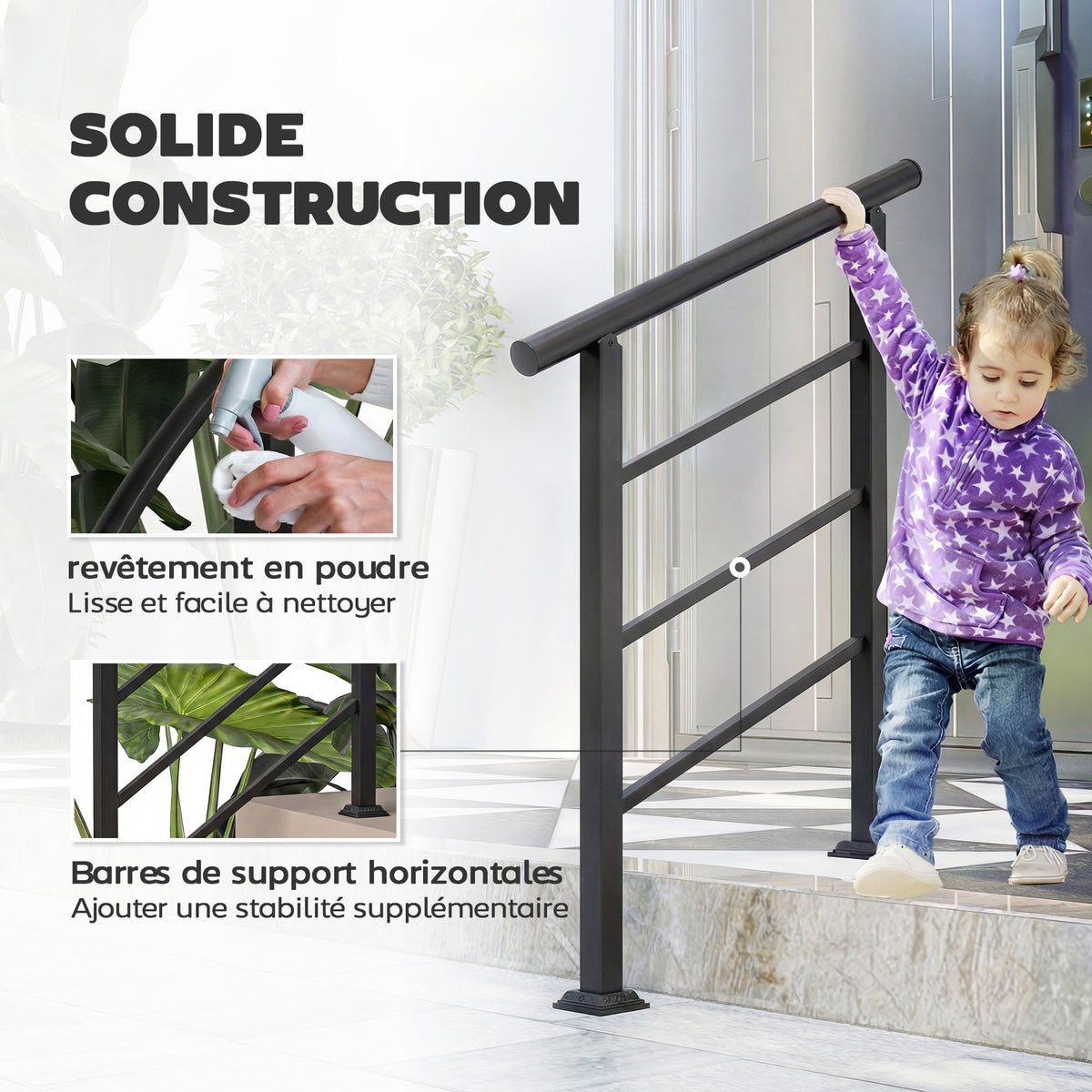 Outdoor Stair Railing for 1 to 3 Steps, Metal Stair Handrail with Installation Kit, Black