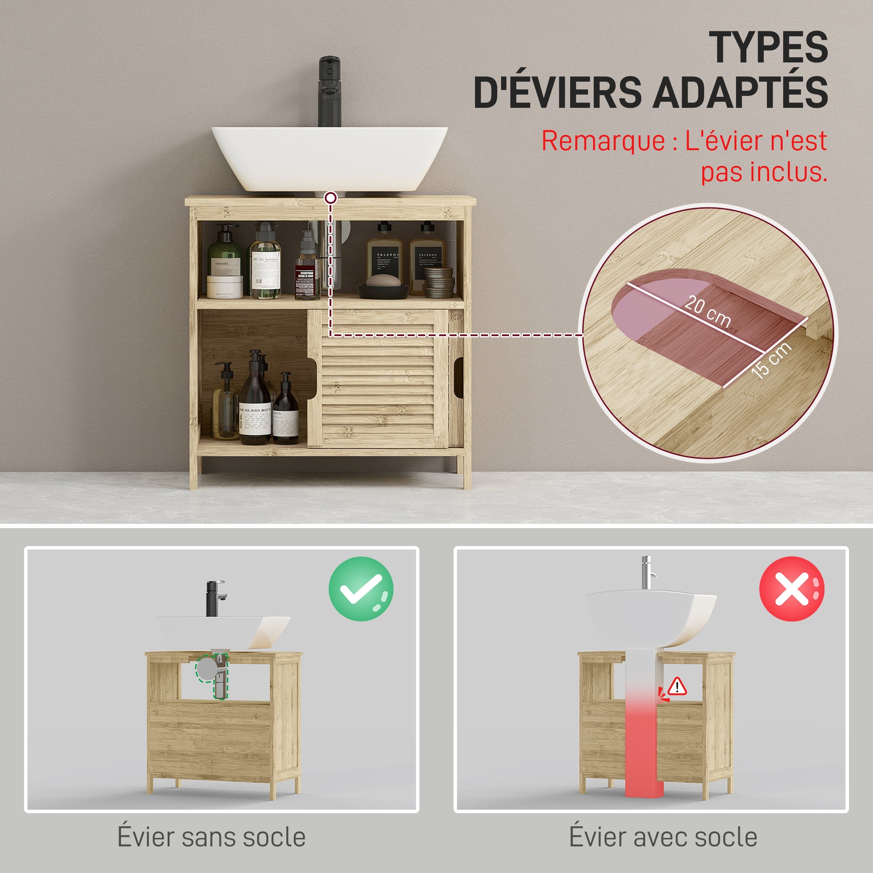 Meuble sous lavabo en Bambou, Meuble de Rangement pour Salle de Bain avec 2 Portes, 60 x 30 x 60 cm, Bois Naturel