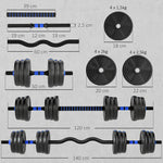 Kit Haltères Musculation Haltères Réglables 25 kg 3 en 1, Ensemble de Poids Réglable avec Barre d'Extension Bleu