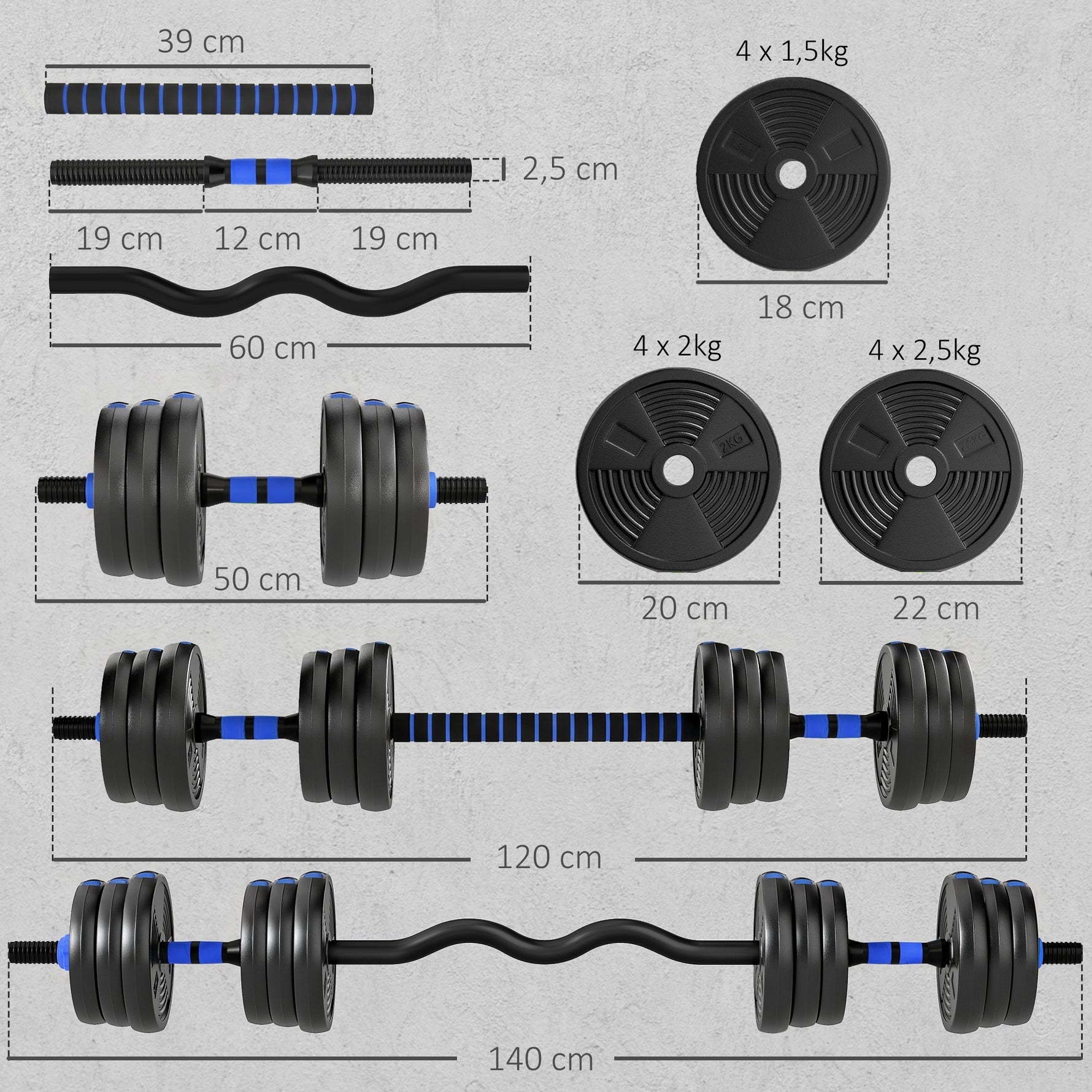 Kit Haltères Musculation Haltères Réglables 25 kg 3 en 1, Ensemble de Poids Réglable avec Barre d'Extension Bleu