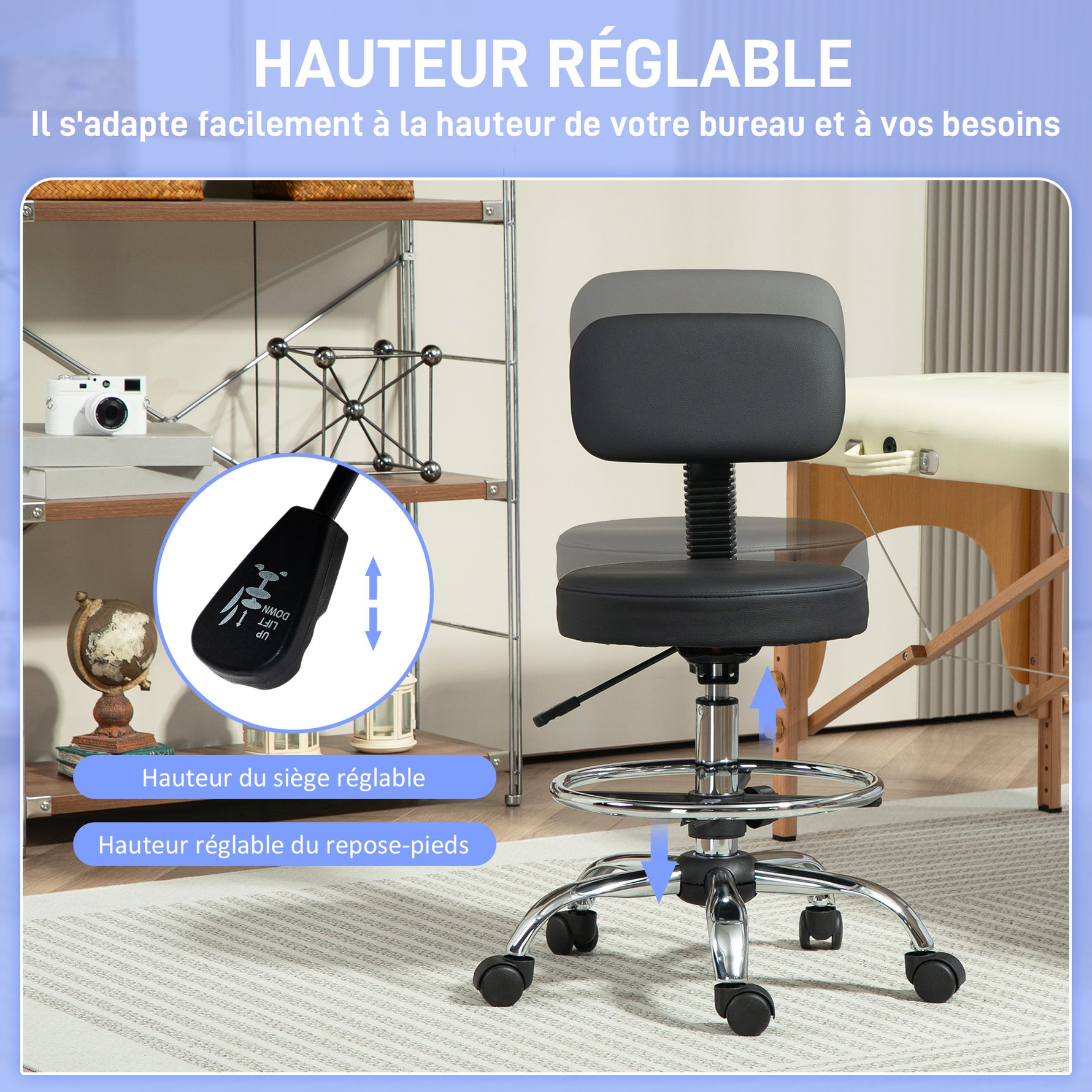 Chaise de bureau, chaise de dessin, repose-pieds réglable, hauteur réglable, pivotante 360°, 52x52x92cm, noir
